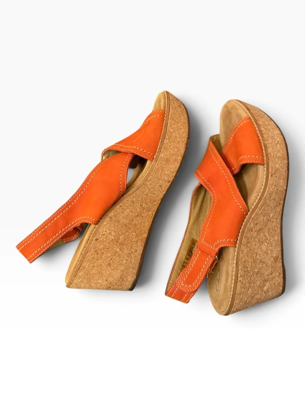 Clarks Artisan Orange Nubuck Leather Cork Wedge Sandals Size 10